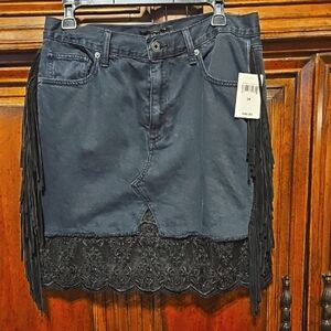 Lucky Brand Black Denim Skirt with Fringe and Lace! Sz. 8/29 - NWT!
